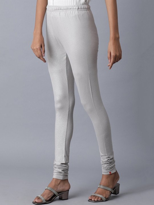 Women Silver Colored Solid Straight Fit Churidar Length Leggings