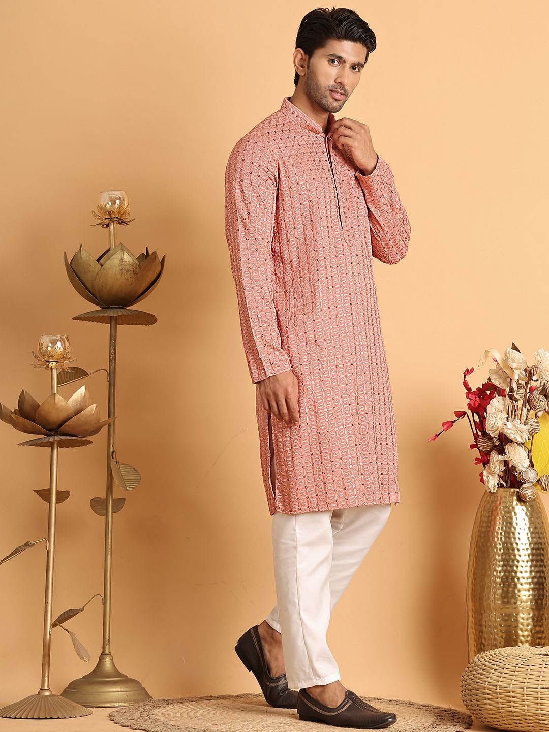 Men Embroidered Regular Chikankari Kurta with Pyjamas
