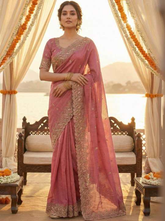 Ethnic Motifs Embroidered Poly Chiffon Heavy Work Saree